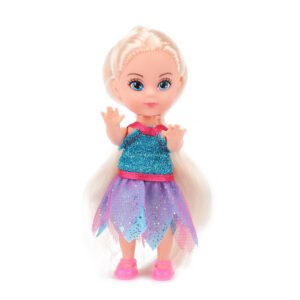 Blonde baby beau mini pop in blauwe glitterjurk met paarse tule rok