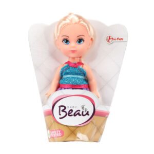 Blonde baby beau mini pop met blauwe glitterjurk in Baby Beau doos