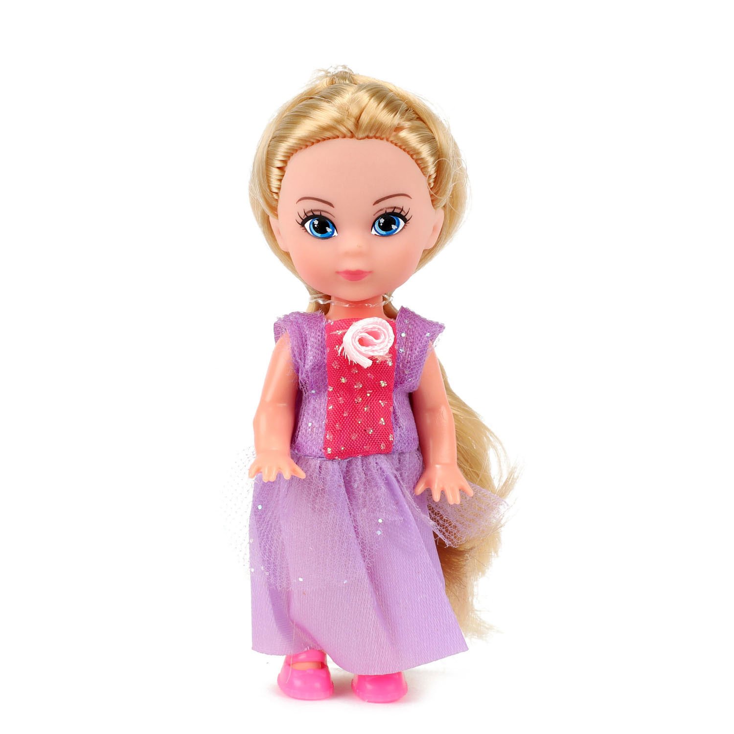 baby-beau-mini-pop-blond-haar-paarse-jurk-bloem Baby Beau mini babypop prinses met blond haar en paarse jurk met bloemdetail