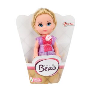 Blonde baby beau mini pop in paarse jurk in Baby Beau verpakking