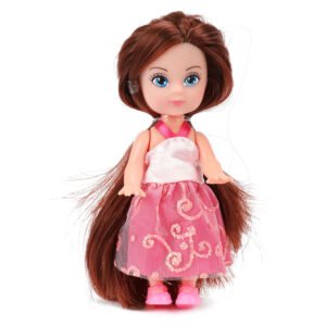 Mini baby beau pop met lang bruin haar en roze glitterjurk