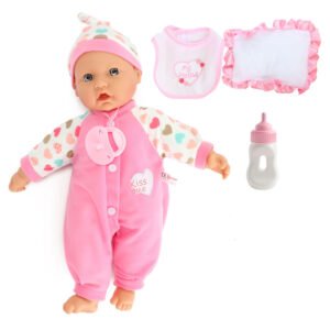babypop Baby Beau in roze outfit met bijpassende slab en flesje