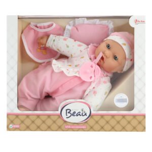 Baby Beau pop in roze pyjama met teddybeer slabbetje