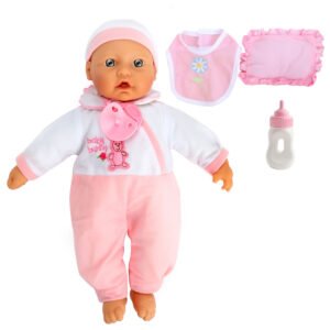 Baby Beau babypop met fles en slabber met gebloemde pyjama en roze speen