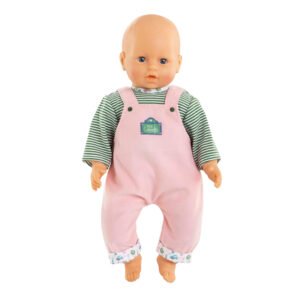 Babypop gekleed in Corolle roze tuinbroek en groen gestreept shirt