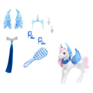 Accessoireset met blauwe vleugels, kam, schoenen en witte eenhoorn voor Barbie magic modepop