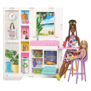 Barbie vakantiehuis Keukenruimte van Barbie poppenhuis met poppen aan tafel