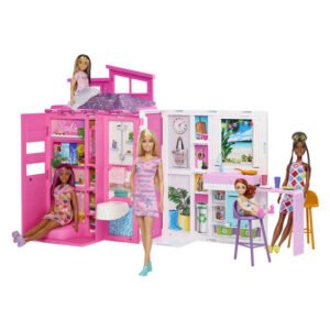 Barbie vakantiehuis met modepop speelset met poppenhuis, diverse poppen en kleurrijk interieur