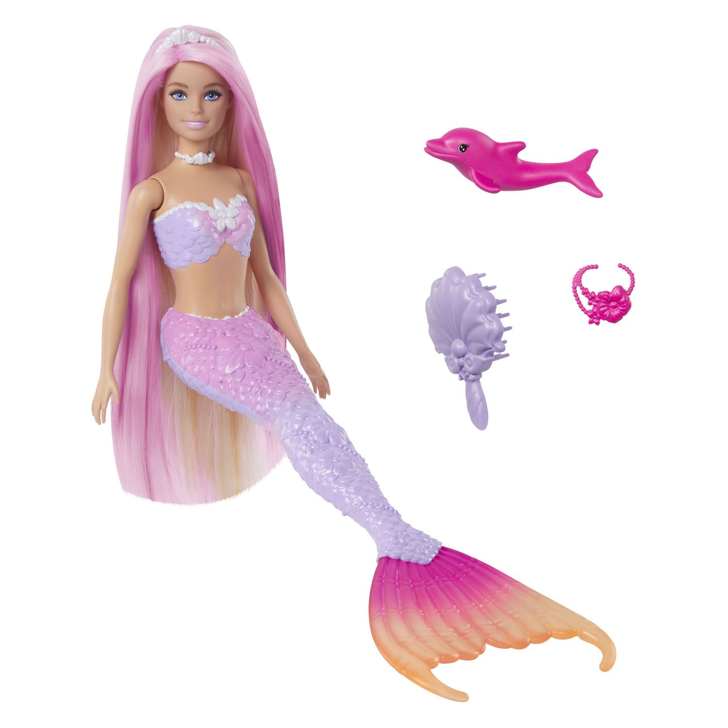 barbie-zeemeerminpop-met-dolfijn-en-borstel Barbie A Touch Of Magic Zeemeermin Modepop Roze met accessoires zoals dolfijn en borstel