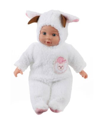 Pluche baby beau babypop in dierenpakje schaap met geborduurde applicatie