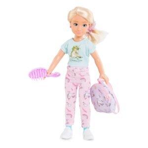 Blonde pop met eenhoornoutfit, roze borstel en rugzak van Corolle Girls