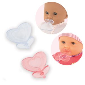 Corolle Roze en blauwe poppenfopspenen met close-ups in gebruik