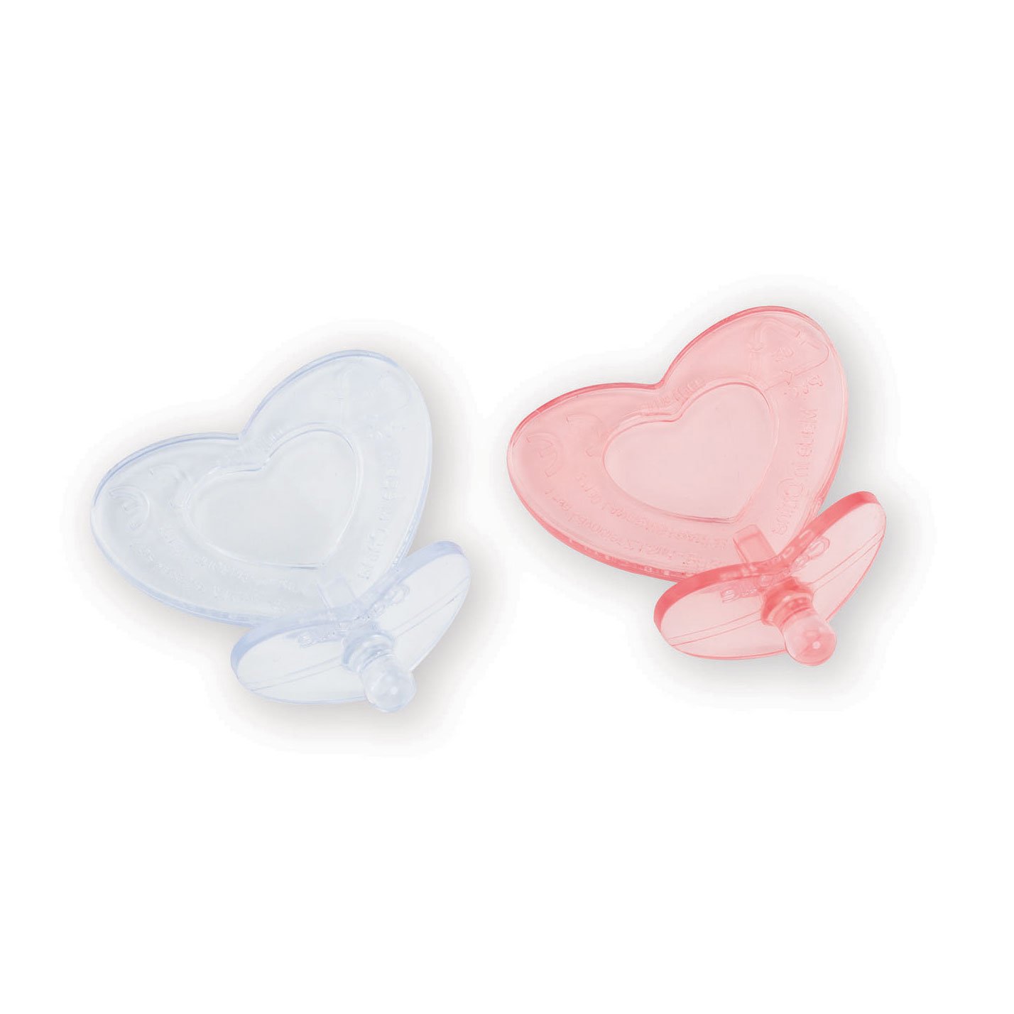 corolle-hartvormige-fopspenen-poppen-roze-blauw Corolle mon grand poupon Set van twee hartvormige fopspenen voor poppen in roze en blauw