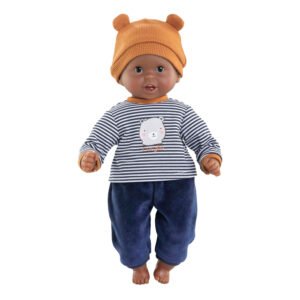 Staande Corolle babypop Calin Marius met oranje berenmuts en vrolijke uitstraling