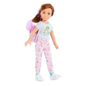 Pop met Corolle Girls eenhoornoutfit en accessoires zoals rugzak en borstel