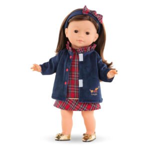 Corolle pop met open donkerblauw jasje en rood geruite outfit