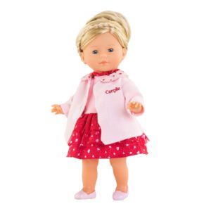 Corolle pop in roze jas met open voorkant en rood jurkje