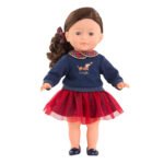Corolle Holidays Pop Perle met donkerbruin haar en rood tule rokje in kerstoutfit van Corolle