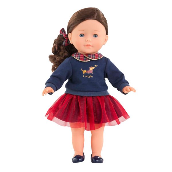 Corolle Holidays Pop Perle met donkerbruin haar en rood tule rokje in kerstoutfit van Corolle