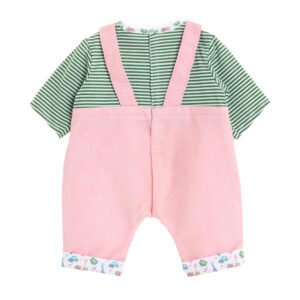 Achteraanzicht Corolle poppenkleding met roze tuinbroek en streepjestrui