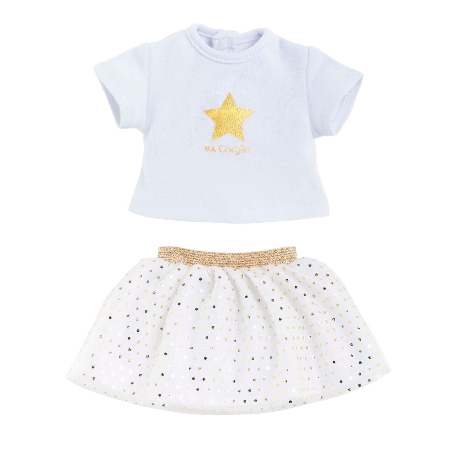corolle-poppenkleding-wit-shirt-en-gouden-stippenrok Corolle topje en rok set voor poppen van 36cm - ivoor/goud met gouden ster en wit rokje met gouden stippen van Corolle