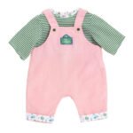 Detail Corolle poppenoutfit met roze ribfluwelen tuinbroek en speels shirt