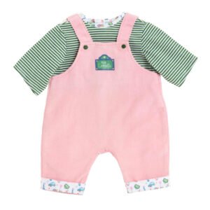 Detail Corolle poppenoutfit met roze ribfluwelen tuinbroek en speels shirt