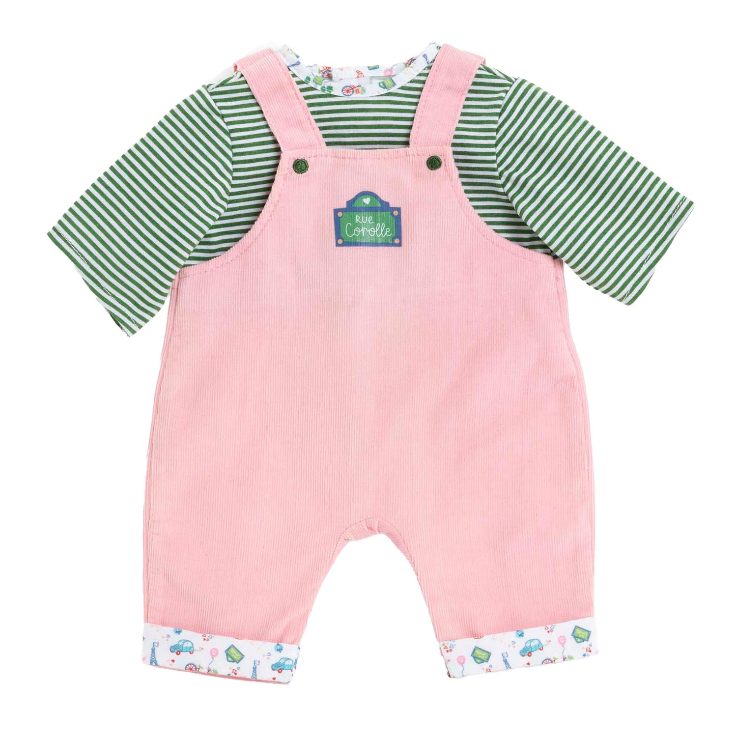 corolle-poppenoutfit-detail-roze-tuinbroek-groen-shirt Detail Corolle poppenoutfit met roze ribfluwelen tuinbroek en speels shirt