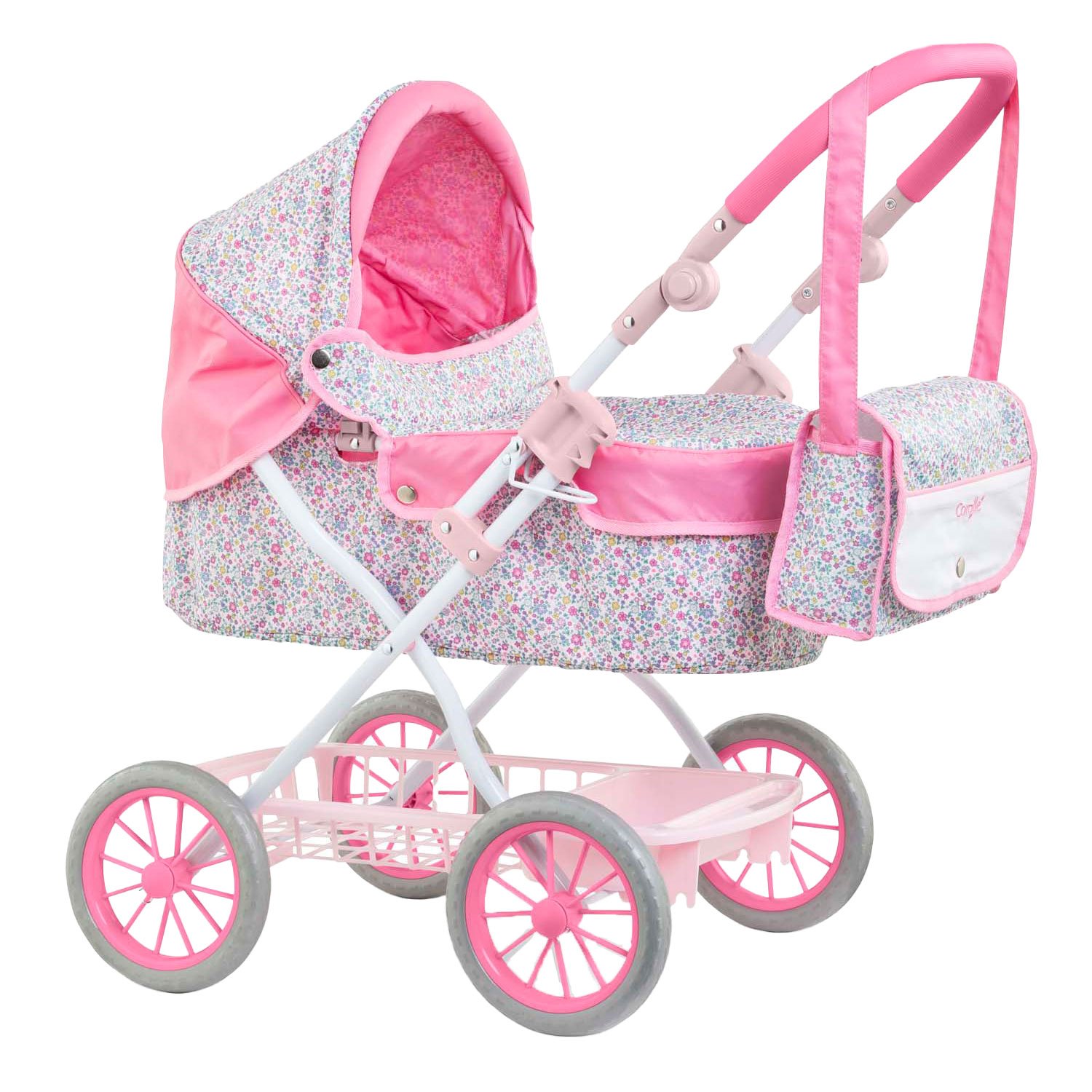 corolle-poppenwagen-open-kap-bloemenmotief Corolle poppenwagen bloemen voor babypop van 36-42cm met open kap en bloemenmotief