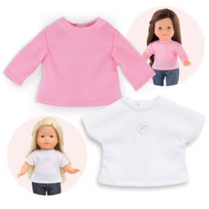 Roze en wit Corolle shirt met voorbeeld van poppenoutfits