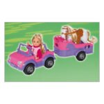 Evi Love horse trailer Pop Evi in roze jeep met paardentrailer en wit paard