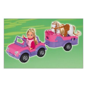 Evi Love horse trailer Pop Evi in roze jeep met paardentrailer en wit paard