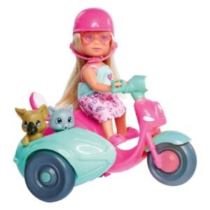 Evi Love Scooter Friends Pop op roze scooter met helm en twee dierenfiguren in zijspan