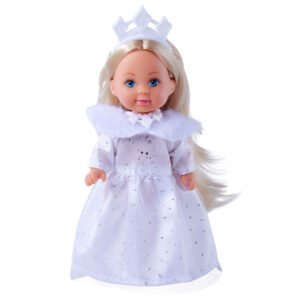 Evi Love mini pop droomprinses in witte glinsterjurk met kroon, volledig in beeld van voren