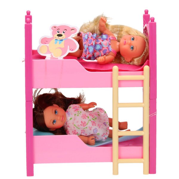 evi love 2 floor bed Twee poppen in roze stapelbed met teddybeer speelgoedaccessoire
