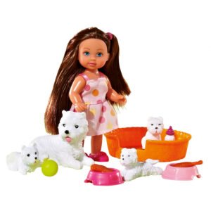 evi love Speelgoedpop met lange bruine haren en vier witte hondjes en accessoires