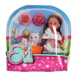 Evi Love poppenset in verpakking met witte hondjes en accessoires