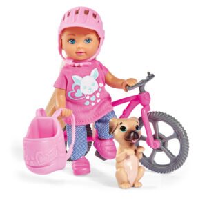 Evi Love fietstour met hond speelset met Evi Love pop, roze fiets en staande puppy