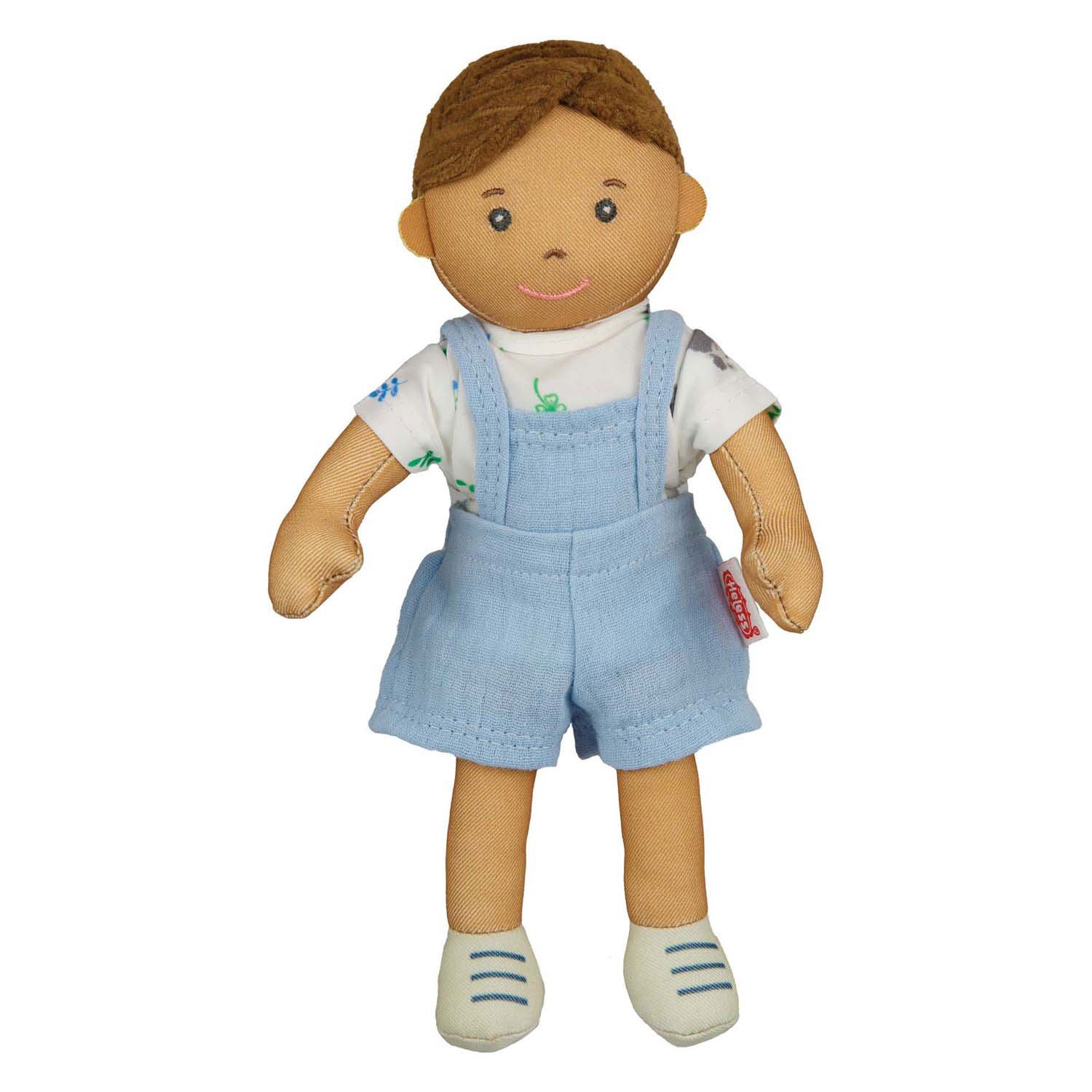 heles-pop-ben-knuffel-met-blauwe-tuinbroek Heless pop Ben met blauwe tuinbroek en witte shirt met print