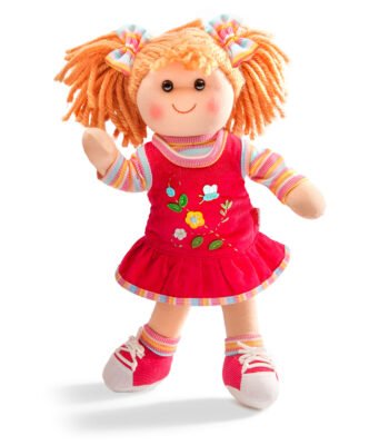 Heless Pop Lili Lappenpop met oranje wolhaar en rood jurkje met bloemenborduursel
