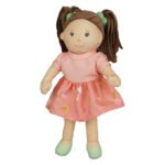 pop met bruine staartjes in roze bloemenjurk Heless Pop Rosa