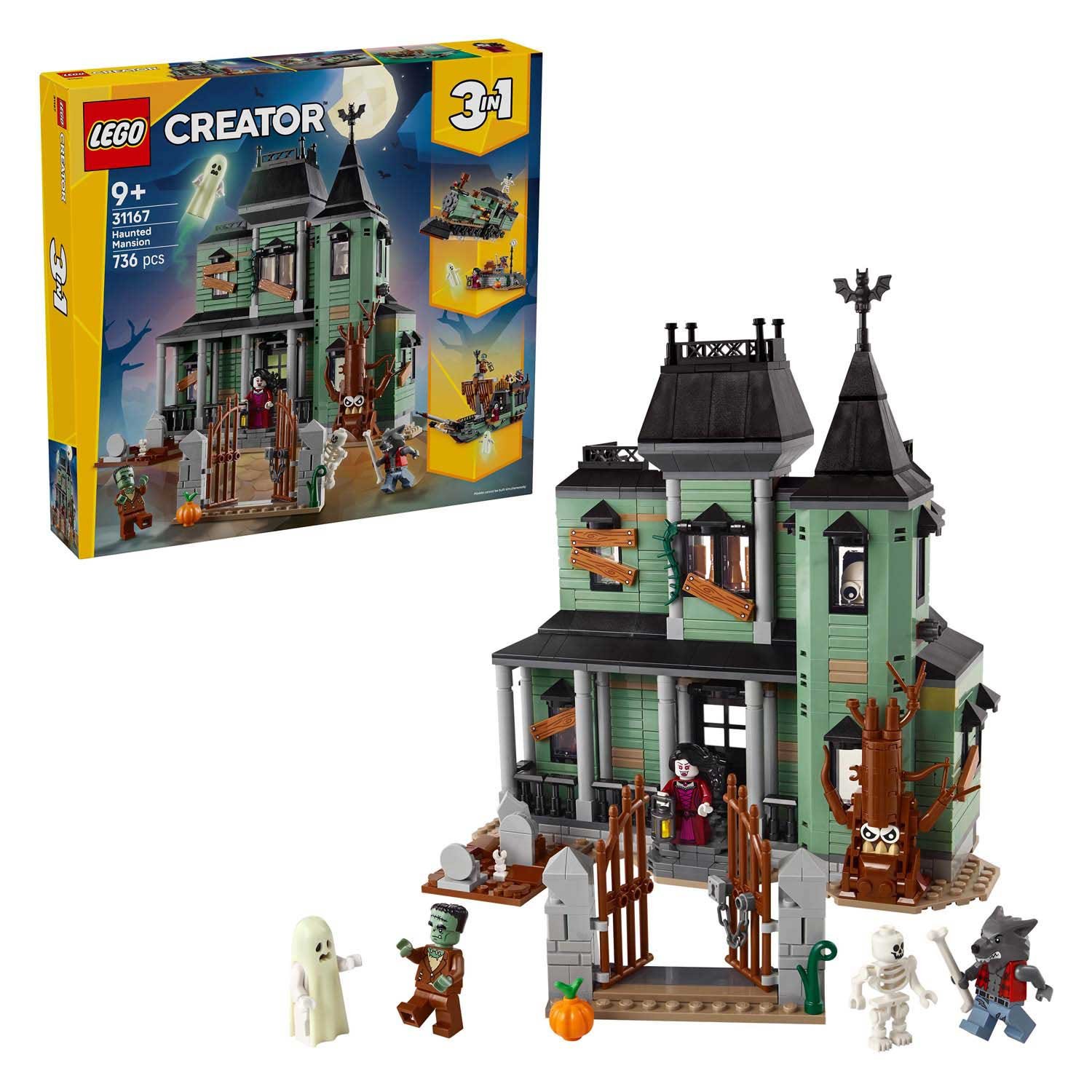 lego-31167-spookhuis-figuren-met-verpakking LEGO Creator spookhuis met doos van set 31167 en Halloweenfiguren