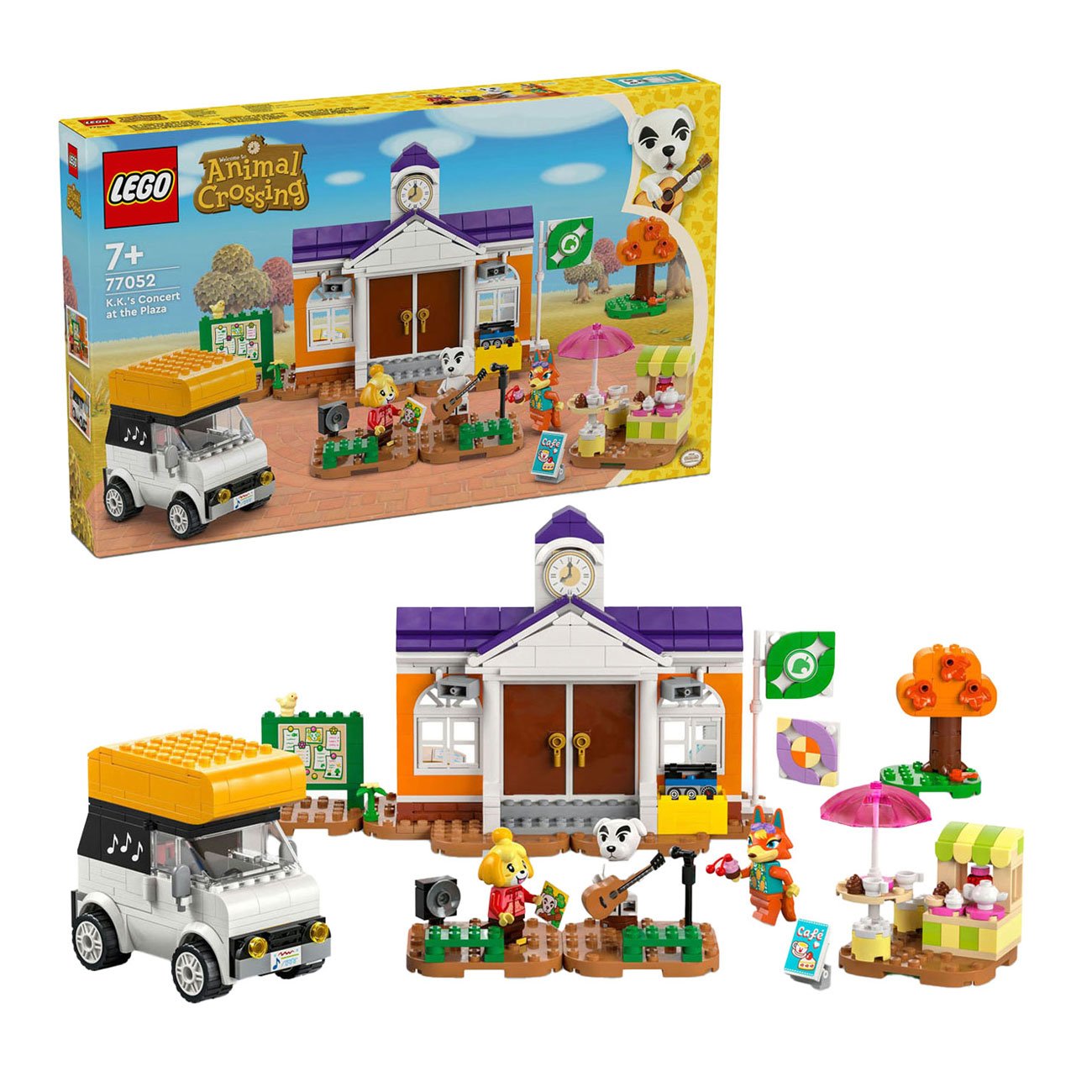 lego-animal-crossing-77052-set-overzicht LEGO Animal Crossing 77052 K.K.'s Pleinconcert set met doos en losse onderdelen op witte achtergrond