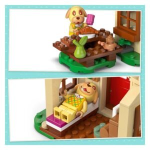LEGO Animal Crossing Goldie eet aan picknicktafel met croissant en drankje