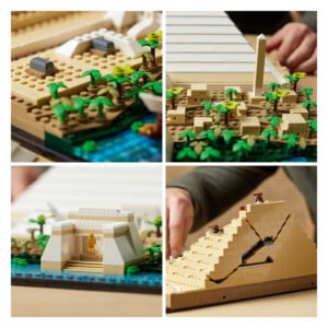 Close-up van LEGO Architecture details zoals tempel, bomen en binnenzijde van de piramide