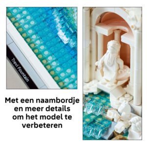 Detail van LEGO Architecture Trevifontein met naamplaatje en realistische waterstenen