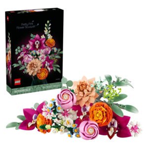 LEGO Botanicals 10342 roze boeket met productdoos en losse onderdelen op witte achtergrond