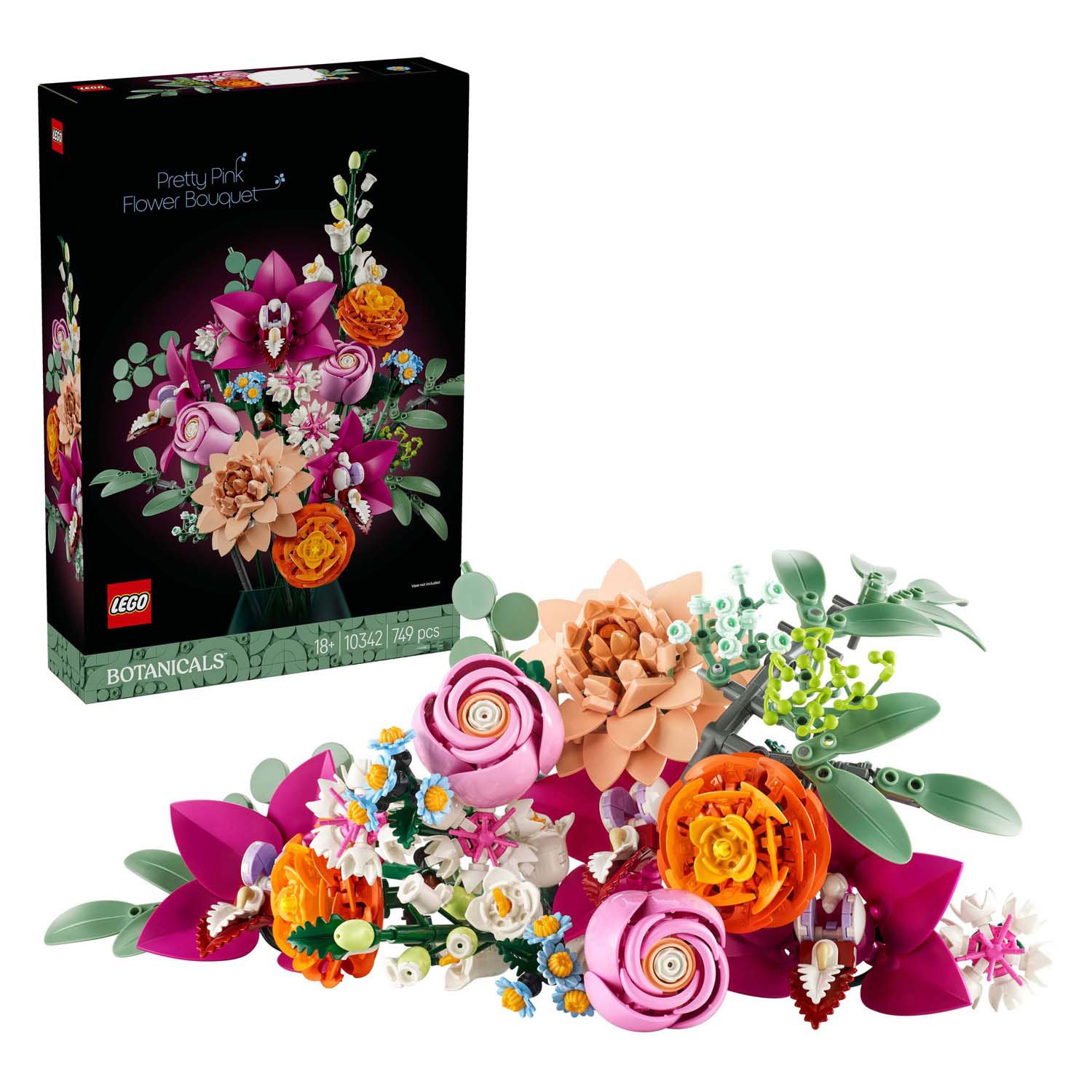 lego-botanical-bloemenboeket-met-doos-en-onderdelen LEGO Botanicals 10342 roze boeket met productdoos en losse onderdelen op witte achtergrond