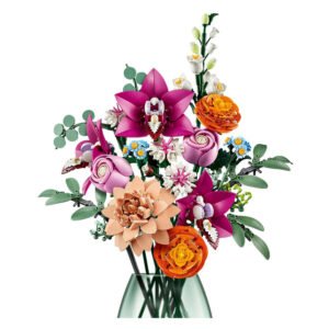 Volledig opgebouwd LEGO Botanical bloemenboeket met roze en oranje bloemen