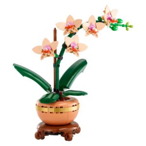 Volledig gebouwde LEGO Botanicals orchidee met bloempot en bladeren